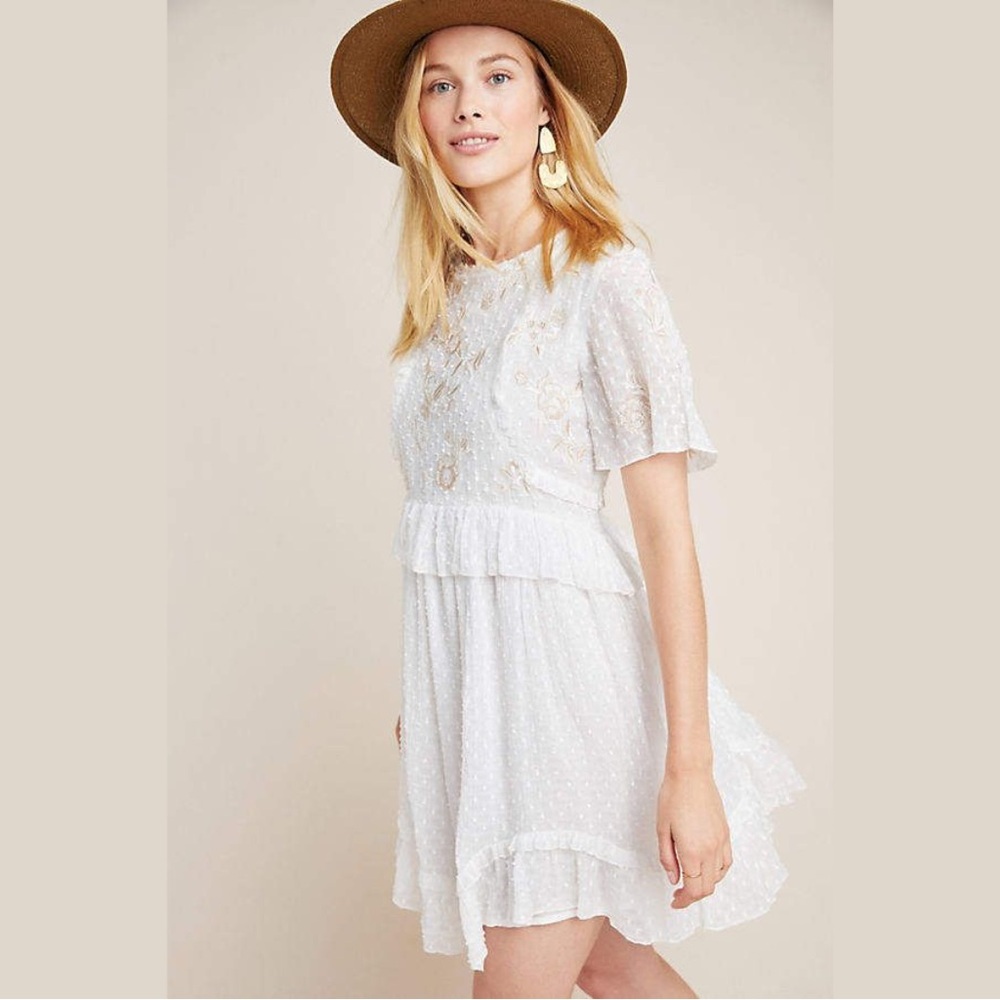 Ranna Gill x Anthropologie | White embroidered "Basilia" mini dress | Size S